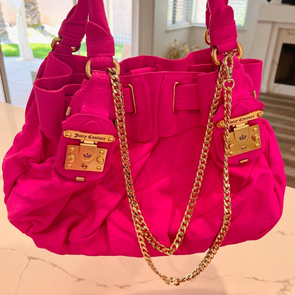 JUICY COUTURE Bright pink painted tote handbag with gold shiny hardware